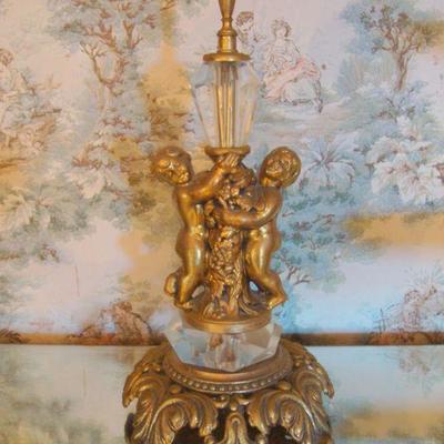 D109 - Unique Sculpture of Cherubs on Metal + Glass Base