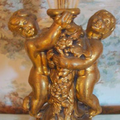 D109 - Unique Sculpture of Cherubs on Metal + Glass Base