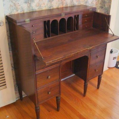D115 - Antique Wood Secretarial Desk with Drop Leaf Front