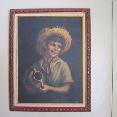D118 - Framed Painting on Canvas - Boy with Water jug
