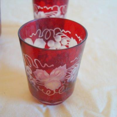 bd1 L111 - Ruby Red Cut to Clear Decanter with Shot Glasses