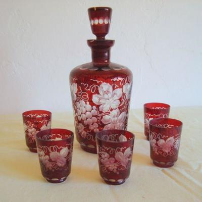 bd1 L111 - Ruby Red Cut to Clear Decanter with Shot Glasses