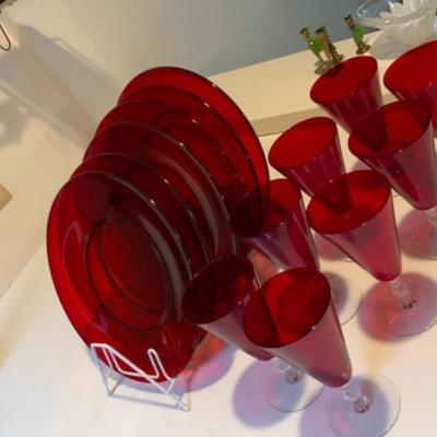 RUBY GLASS SET, WATER/WINE GLASSES & PLATES