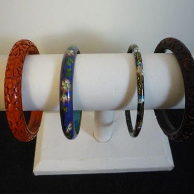 4 Bracelets - Carved Cinnabar - Cloisonne - Bangles