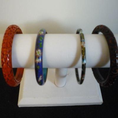 4 Bracelets - Carved Cinnabar - Cloisonne - Bangles