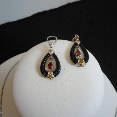 2 Piece Garnet and Sterling Silver Necklace and Earring Set