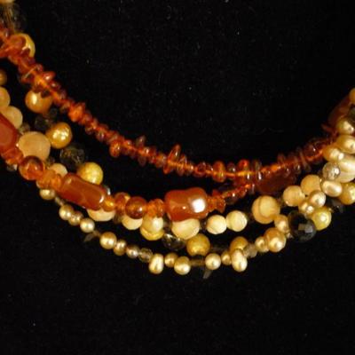 Sterling Silver Amber, Pearl, Carnelian, Crystal Multi Strand Necklace