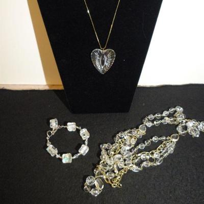 3 Piece Crystal Jewelry Lot - Multistrand Necklace, Heart on Gold Chain and Crystal Bracelet