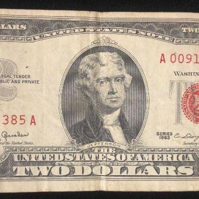 #12 1963 Red Seal Two Dollar Bill USA 