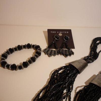 3 Piece Lot - NWT Tags Limited Earrings - Coldwater Creek Necklace - Stretch Bracelet Jet Beads and Rhinestones