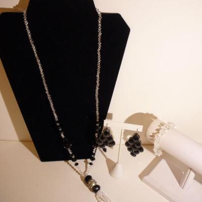 3 Piece Lot - Black and Crystal Necklace, Stretch Crystal Bracelet and Earrings