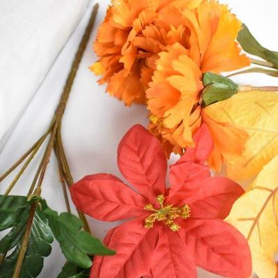 Faux Flowers & Leaves, Lot of Oranges & Reds