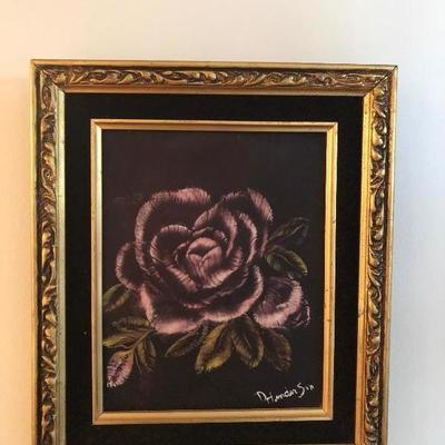 Velvet MCM rose painting framed 