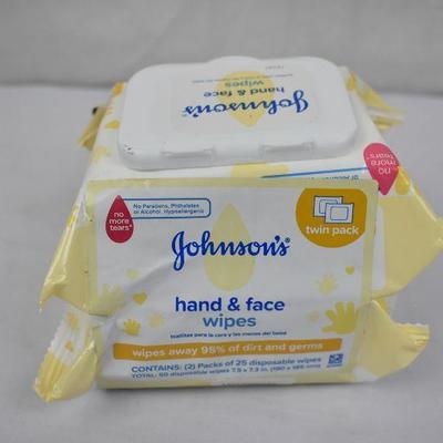 Johnson's Hand & Face Baby Cleansing Wipes, 2 Travel Packs of 25 ct.