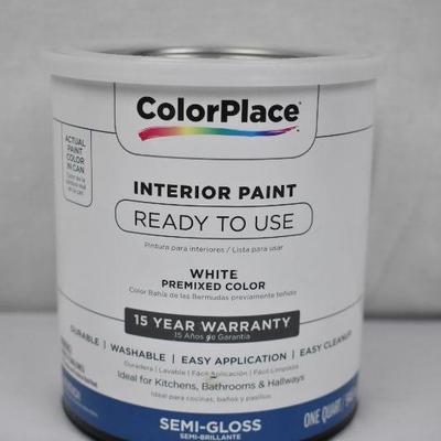 ColorPlace Pre Mixed, Interior Paint, White, Semi-Gloss Finish, 1 Quart - New