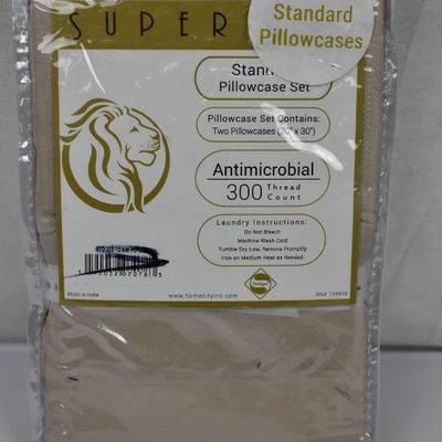 Pillowcase Set Standard Size, Tan: Superior 300 Thread Count Antimicrobial - New