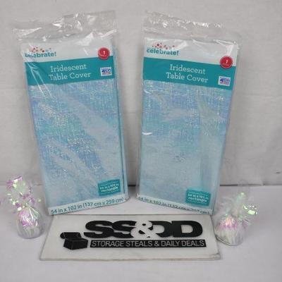 4 pc Party Supplies: 2 Iridescent Table Covers & 2 Balloon Weights - New