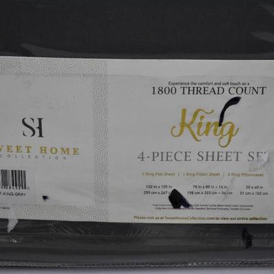 King Size Sheet Set Gray 1800 Thread Count 4 Piece Deep Pocket, $25 Retail - New