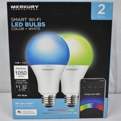 Merkury Innovations A21 Smart Light Bulb, 75W Color LED, 2-Pack - New