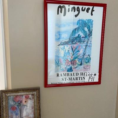 Lot # 191 Framed Minguet Poster and floral art