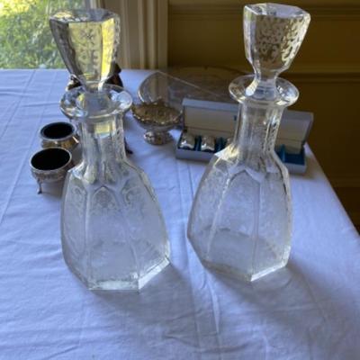 Lot# 219 Antique Etched Crystal Decanters with Silver Salts 