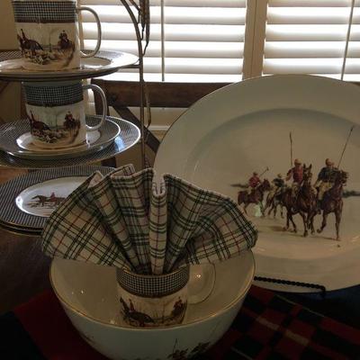 Ralph Lauren Wedgwood Balmoral Hunt china place settings for 8-10 plus a large Polo platter and serving bowl. Item #14