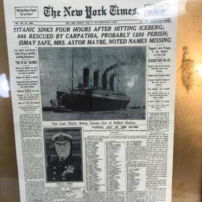 Framed copy of New York Times Newspaper about Titanic Sinking