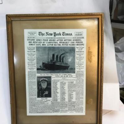 Framed copy of New York Times Newspaper about Titanic Sinking