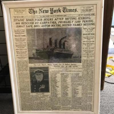 Framed completed jigsaw puzzle of New York Times Titanic Sinking Headline