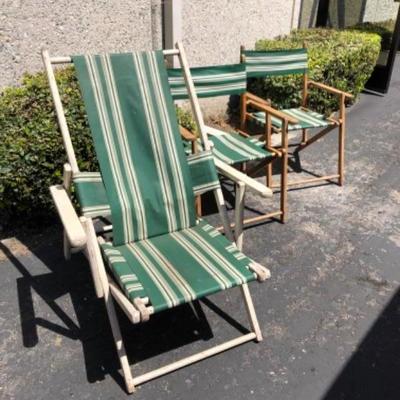 3 Vintage folding wood beach chairs with green striped camping Hollywood