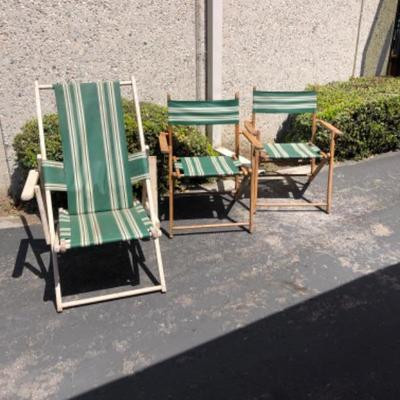 3 Vintage folding wood beach chairs with green striped camping Hollywood