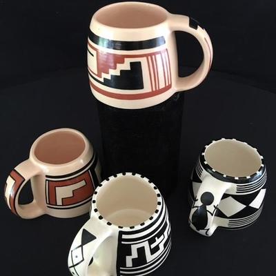 JW Artist Signed Vintage Southwest Native American pottery Mug Set