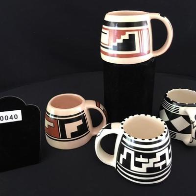JW Artist Signed Vintage Southwest Native American pottery Mug Set