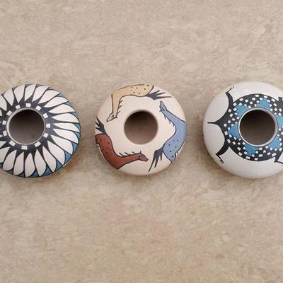 3 Mini Mata Ortiz Seed Pots w/ Horse/Feather/Lizard