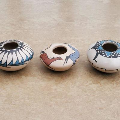 3 Mini Mata Ortiz Seed Pots w/ Horse/Feather/Lizard