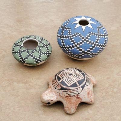3 Mini Mata Ortiz Pots and Turtle w/ Various Makers
