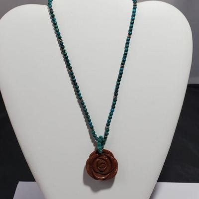 Beaded Turquoise Necklace with Goldstone Rose
