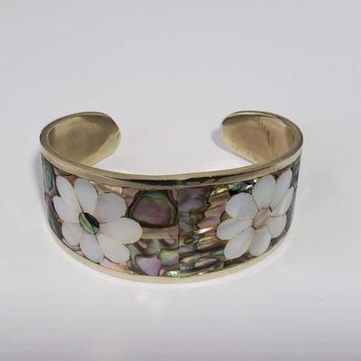 Silver Cuff Bracelet w/ Inlaid Abalone from Mexico
