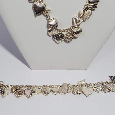 Silver Matching Bracelet/Necklace Pair w/ Hearts