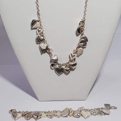 Silver Matching Bracelet/Necklace Pair w/ Hearts