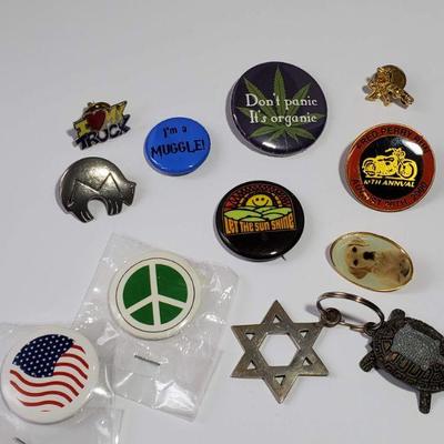 Lot of 12 Buttons, Pins, Keychain