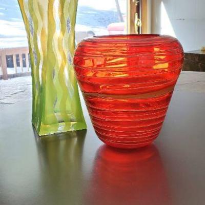 1 Green Glass Vase/1 Red Handblown Glass Vase