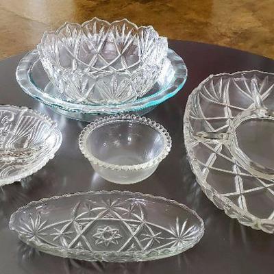 5 Pressed Glass Dishes and Pyrex Pie Dish