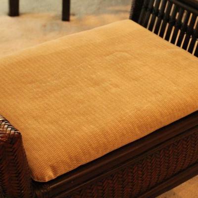 Lot 13: Pier 1â„¢ Woven Wicker Bench w/ Padded Cushion (underside of cushion has stain)