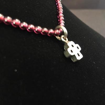 Sterling Silver Cross with Garnet Bead Necklace 15.5”L Item #50