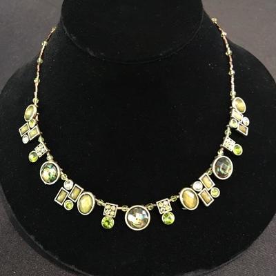 Contemporary Green Crystal w/ Golden Forms Necklace 15-18”L  Item #51