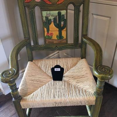 Southwest Style Artist Signed Painted Cactus Chair w/ Rush Seat. Item #71