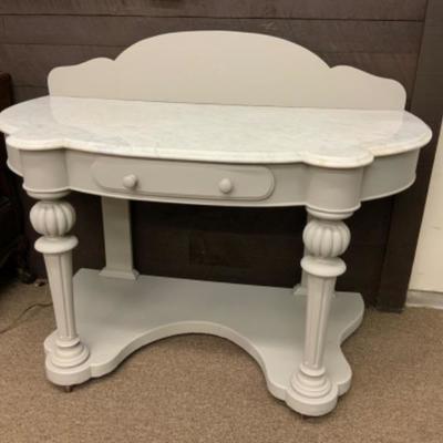 ANTIQUE CHALK PAINTED, MARBLE TOP FOYER TABLE