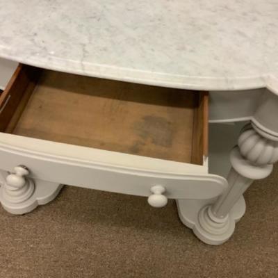 ANTIQUE CHALK PAINTED, MARBLE TOP FOYER TABLE