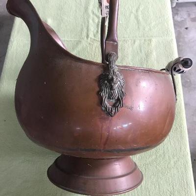 Copper Pot w/porcelain handles & lions head embellishments